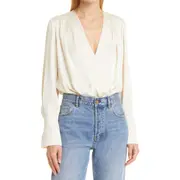 Favorite Daughter Surplice Long Sleeve Satin Bodysuit in Champagne at Nordstrom, Size Large