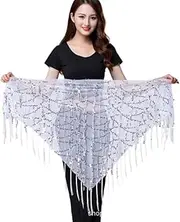 [Mr.Fashion] Halloween belly dance waist chain sequin fringe triangle scarf dance performance Hip towel beginner waist wrap, Silver, One Size Plus Long