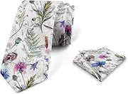 [Ambesonne] Thistle Men's Tie Set, Hand-Drawn Watercolor Style Summer Wildflowers Pattern as Cornflower and Thistle, Necktie Set Groom Handkerchief for Parties Weddings & All Occasions, Multicolor,