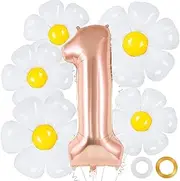 Daisy Birthday Balloons, Daisy Flower Number 1 Balloon, 40 Inch Large Foil Mylar Rose Gold 1 Balloon for 1st First Birthday Daisy Party Decorations Supplies (6 Pcs)