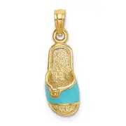 14k Yellow Gold 3D W/ Aqua Enamel Summer Slipper Charm