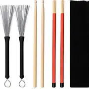 URlighting Drum Sticks Set - 1 Pair 5A Drum Sticks，1 Pair Drum Rod Brushes Sticks，1 Pair Drum Wire Brushes with Storage Bag for Kids, Adults, Rock Band, Jazz Folk Students