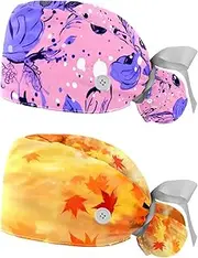 [YTYVAGT] 2-Pc,Nurse Scrub Caps,Scrub Hats with Buttons and Cotton Sweatband,Floral Purple Pink