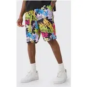 Mens Black Tall Worldwide Graffiti Mid Length Mesh Basketball Shorts