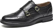 Beau Today Women's Leather Monk Strap Buckles Brogue Wingtip Oxford Dress Shoes Low Heel