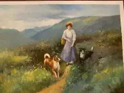 A Woman Walk with her dogs - Hand Painted Oil on Canvas Unframed free shipping