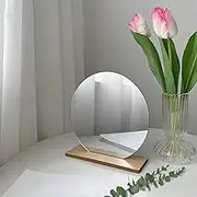 ADISEN Acrylic Makeup Mirror for Desk with Stand, Small Mirror with Wooden Stand for Office Table, Round Vanity Mirror Frameless for Bedroom, Office and Minimal Space Decorative (Round)