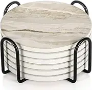QYINXIU Drink Coasters with Holder, Absorbent Coaster Sets of 6, Marble Style Ceramic Drink Coaster for Tabletop Protection,Suitable for Kinds of Cups, Wooden Table, Cool Home Decor, 4 Inches (Beige)