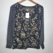 NEXT Womens Floral Leopard Celestial Blouse Size 10 Black Long Sleeve Slit Back