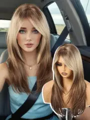 Ombre Blone-Brown Long Layered Straight Wig with Curtain Bangs for Women,Synt...