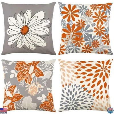 Orange Decorative Throw Pillow Covers 18x18 Set of 4 Floral Linen Couch Sofa