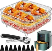 3 Layer Air Fryer Accessories Rack Square Stainless Steel Air Fryer Dehydrator Rack Stackable Air Fryer Basket with 8 Silicone Feet 1 Anti-Scald Clip for Air Fryer Baking Cooking 20×20×4cm