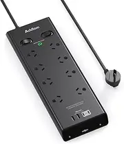Surge Protector Power Board - 8 Widely Outlets(10A/2400W) with 4 USB Ports(2 USB C), Powerboard with 1.8M Extension Cord, 900J Surge Protection Double Switch, Home Office Accessories, Black