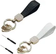 Jindizi 2Pcs Leather Keychain Wristlet, Rhinestone Inlaid Alloy Car Key Chain, 360°Rotatable Wrist Fob Keychain Holder with 2 Key Ring + Anti-Lost D Ring + Carabiner Clip