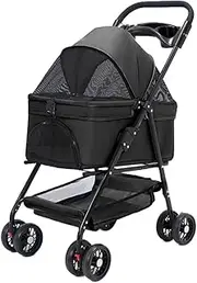 Pet Stroller with Detachable Cabin Bag,4 Wheels pet pram cart for Dogs and Cats,Foldable pet Trolley,Swivel Front Wheel,Rear Wheel with Foot Brakes,Front and Back openable Canopy