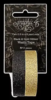 Graphic45 GOLD & BLACK GLITTER WASHI TAPE SET scrapbooking (2) Rolls (12) Yds