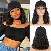 Short Wave Baseball Cap Wig with Curly Hair Extensions Synthetic Wave Wig Hat for Women Adjustable Brown Black Baseball Hat