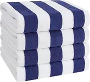 American Soft Linen Beach Towel, 4- Packed Cabana Striped 100% Cotton Pool Towels, 30x60 in Oversized Beach Towels, Soft Absorbent Sand Free Swim Towels, Navy Blue