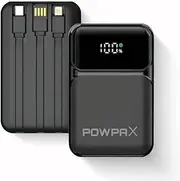 POWPAX 10000mAh Portable Power Bank, 22.5W Fast Charging, 3 Built-in Cables (USB-C & Lightning) LED Display, Ultra-Compact, Travel-Friendly Battery Pack for iPhone, iPad, Samsung, Android & More