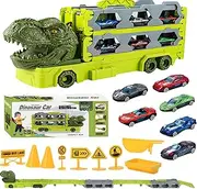 ZCOINS Dinosaur Transport Truck Toys Cars for Kids, Portable Race Track Truck Toy Car with 6 Race Cars, Foldable Toy Car Track for Boys, Carrier Truck Vehicles Toys Set