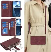 Cavor for iPhone 16 Pro Max Case 6.9 inch PU Leather Folio Flip Wallet Back Cover Magnetic Case with Long Shoulder Lanyard Zipper Coin Purse 9 Card Holder Kickstand Wristlet Strap-Wine Red
