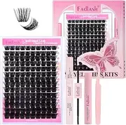 FADLASH Lash Extension DIY Kit Lash Clusters D Curl Cluster Lashes with Lash Bond and Seal Cluster Lashes Glue Remover Lash Tweezers for DIY Eyelash Extension at Home（Kit 200D-0.07D-12-18MIX）
