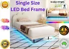 Artiss Bed Frame Single Size LED Light Boucle Beige Floating SASA Solid Hardwood