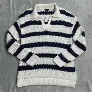 Talbots Sweater Large NWT Open Stitch Johnny Collar Nautical Stripe Pullover