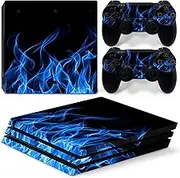 Ps4 Pro Stickers Full Body Vinyl Skin Decal Cover for Playstation 4 Console Controllers (with 4pcs Led Lightbar Stickers) (Blue fire)