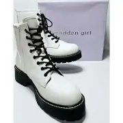Madden Girl Carra Combat Boots Side Zip/Lace-Up Lug Sole White Women's Size 9.5