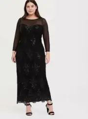 Torrid Plus Size Special Occasion Illusion neck Black Sequin & Mesh Dress Sz 14