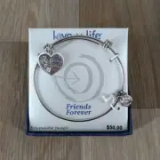 Love This Life Friends Forever Heart Charm Expandable Silver Bangle Bracelet