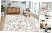 Floral Washable 5x7 Area Rug, Soft Non-Slip Pink Rugs for Girls Bedroom Low