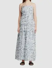$440 Sir. Women's Blue Silk Floral Strapless Dimitri A-Line Dress Size 1