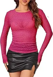 [SEBOWEL] Glitter Tops Women's Sheer Mesh Long Sleeve Shirt Transparent Blouse Party Top