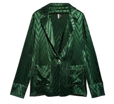 TOPSHOP Green Chevron Satin Blazer Jacket Size 6 | Contrast Stitch | Chic Look