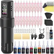 EIPTWH Complete Rotary Machine Set with Wireless Power Supply, 20 Pieces Cartridges Needles RL RM, 10 Ink Colours, Blue Soap Transfer Paper for Beginners Artists