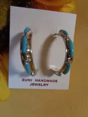 Handcrafted Zuni Sterling Silver & Turquoise Half Hoop Earrings Signed