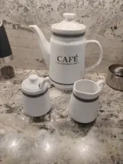 Pottery Barn Ceramic "Café" Coffee Pot Black Trim Creamer & Sugar Set