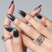 B.YOU French Tip Magnet Gel False Nails Set Black Handmade Gel False Nails with Magnetic Glue Glitter Gradient False Nails with Magnetic Nail Glue Set