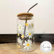 Hearts & Daisies Libbey Sipper Glass, Daisy Flower Glass Beer Coffee Cup, Floral