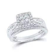 10k White Gold Round Diamond Cluster Bridal Wedding Engagement Ring Set