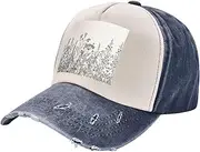 [YANYU] Floral Herbs Botanical Engraving Print Fashion Washed Distressed Baseball Cap Vintage Adjustable Hat with Classic Brim, Navy Blue, One Size