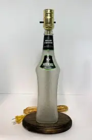 Midori Melon Liqueur Liquor Bottle TABLE LAMP Light with Wood Base Bar Lounge
