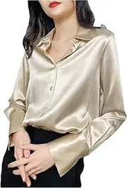 [Hcclijo] Women Imitation Satin Shirt Button Up Turndown Collar Blouse Lady Satin Blouse