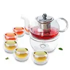 8in1 Tea Set -625ml Heat Resistant Glass Teapot +6x Cups + Round Shaped Warmer