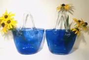 Vintage Hand Blown Blue Art Glass Purses Baskets Vases New Lot of 2