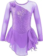 [Linjinx] Kids Girls Figure Ice Skating Dress Sparkly Sequins Floral Long Sleeve Ballet Dance Dress Gymnastic Tutu Leotard