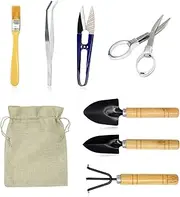 FALIDI Mini Gardening Tool Set Succulent Kit，Succulent Tools Set Bonsai Planter Set Indoor Gardening, Include Pruner, Fold Scissors, Mini Rake, Tweezers, Cleaning Brush（7 Pack）