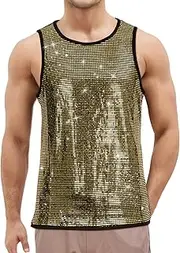 [AIEOE] Men's Sleeveless T-Shirt Sequins Stage Vest Round Neck Glitter Vest Summer Vest Shirt for Night Club Party S-XXL